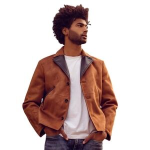 Zara Mens Jacket XL Brown‎ Faux Suede Black Trim Button Front Collared Coat